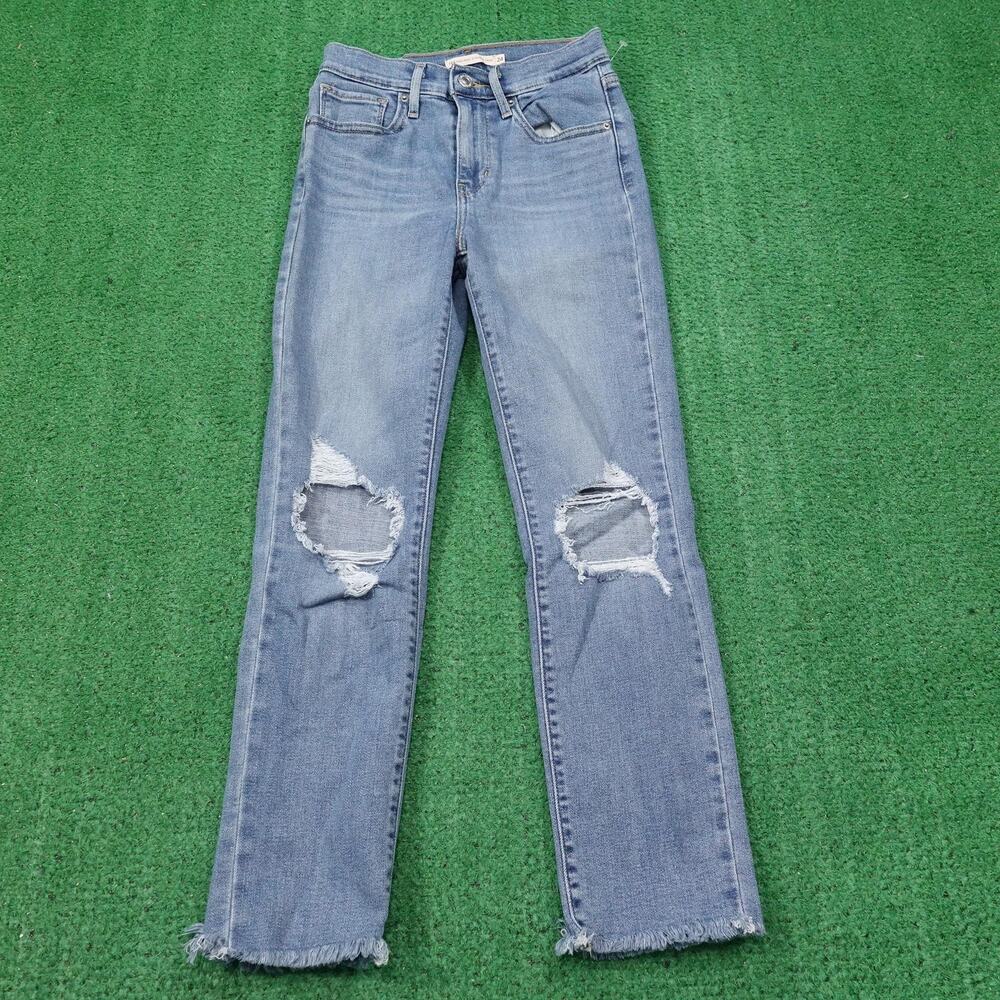 Levis 724 High Rise Straight Crop Jeans Womens 24 Blue Distressed Raw Hem Ripped